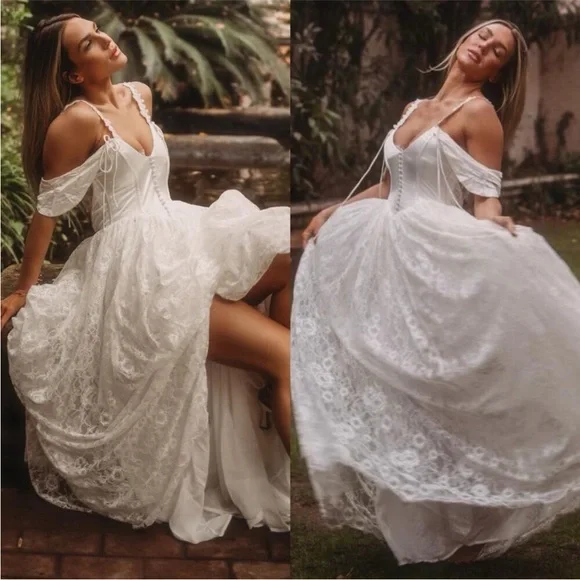 For Love & Lemons Vera Satin Lace Bustier Bridal Gown XS S NWT Crisp White